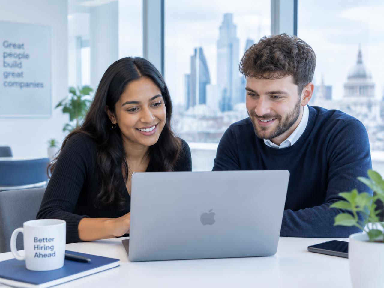 Two hiring professionals reviewing a candidate shortlist together